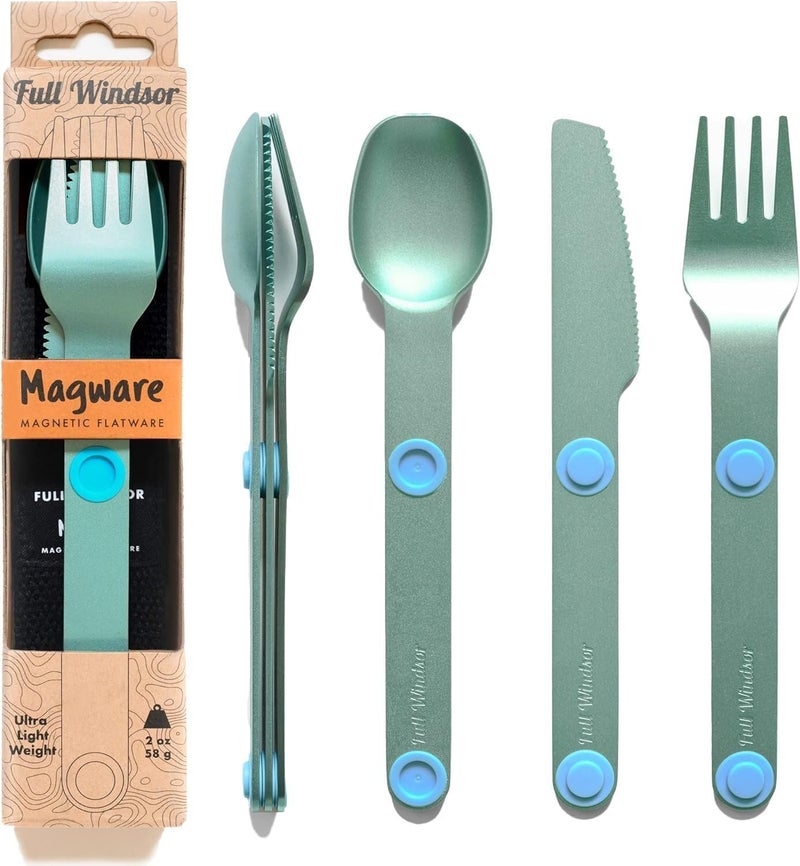 Full Windsor مجموعة أدوات تناول الطعام المغناطيسية MAGWARE - أدوات تناول الطعام للسفر مع حقيبة، مجموعة صندوق غداء للأطفال، أدوات تناول الطعام الخارجية، أدوات أساسية قابلة لإعادة الاستخدام، سكين، شوكة وملعقة - تركواز (3 قطع) - Image 1